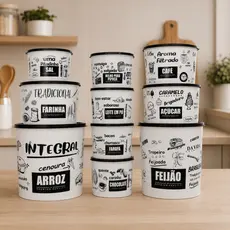 Potes Porta Mantimento Decorado Preto Branco Condimentos Plástico Resistente
