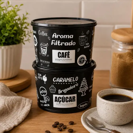 Conjunto 2 Pote Mantimentos Plástico Açúcar Café Cozinha