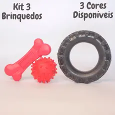 Kit 3 Mordedores Brinquedo Maciço Para Pet Cachorros Pneu Ossinho e Bolinha