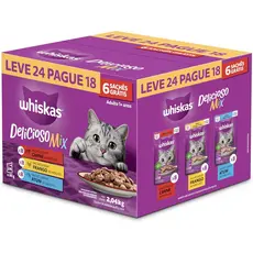 Kit Ração Úmida Whiskas Sachê Carne/Frango/Atum para Gatos Adultos - Leve 24 Pague 18