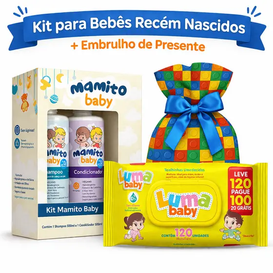 Kit Bebê Recém-Nascido Shampoo + Condicionador Mamito Baby + Lenço Umedecido + Embrulho de Presente