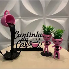 kit cantinho do café decorativo com 2 vasos bob com plantas e xícara flutuante (Rosa)