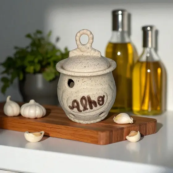 Pote Porta Alho Alheiro Laço Chapisco Creme Pintura Feita a Mão Feito em Cerâmica Produto Artesanal