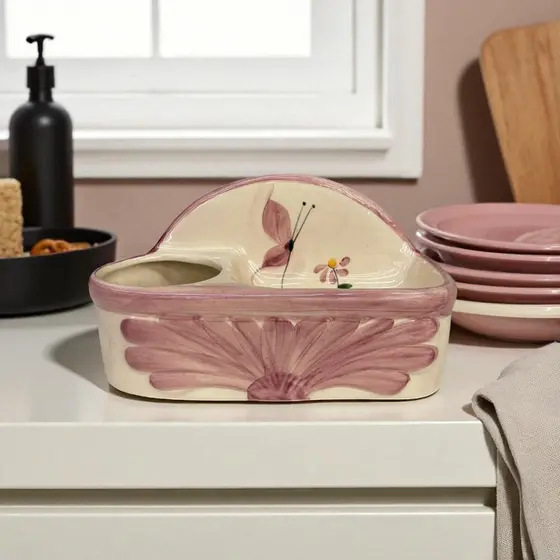 Porta Detergente Sabão Rosa Borboleta Feito Em Cerâmica Pintado Á Mão