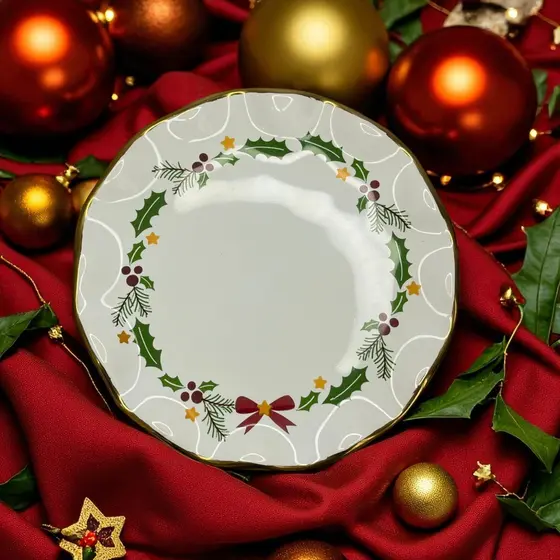 Boleira Panetoneira Decorada Natal Para Bolos Panetones Doces Feita em Cerâmica Filetada Ouro Buffets Festas Cerimónias