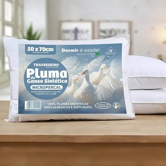 KIT 2 TRAVESSEIRO Pluma de Ganso Anti-Acaro Anti-Alergico Anti-Mofo 70x50cm Dormir é Saude