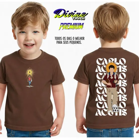 Camiseta Infantil Malha 30.1 100% Algodão Juvenil Estilosa Colorido Brilhoso Jesus Carlos Acutis
