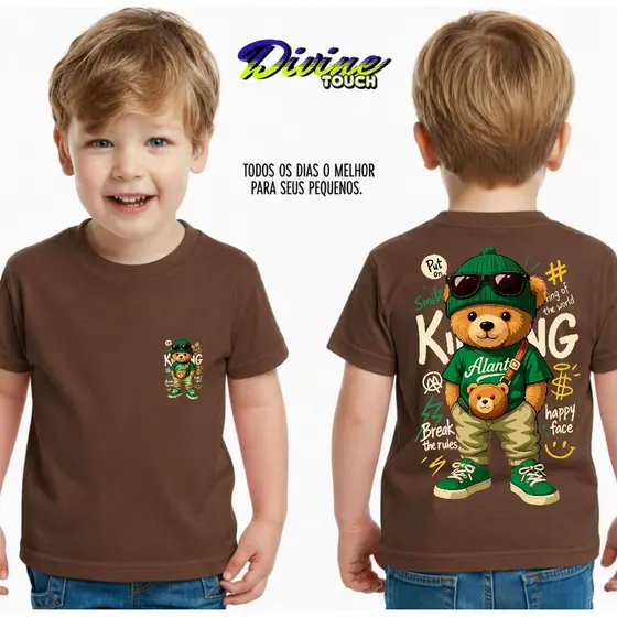 Camiseta Infantil Urso King Streetwear Malha 30.1 100% Algodão Camisa Juvenil Estilosa