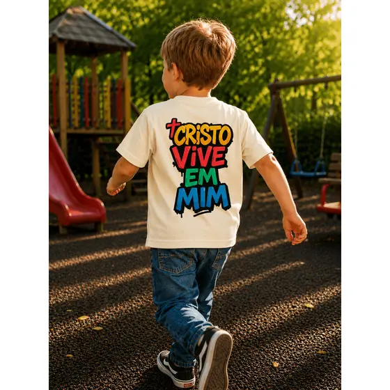 Camiseta Infantil Streetwear Malha 30.1 100% Algodão Camisa Juvenil Estilosa Cristo vive em mim