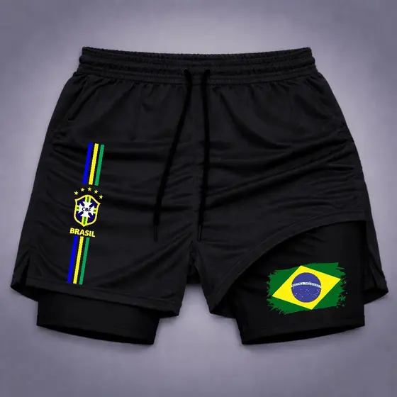 Short Compressão 2 em 1 Masculino Anime Para Academia Dry Fit Short Brasil Copa Seleção Brasileira