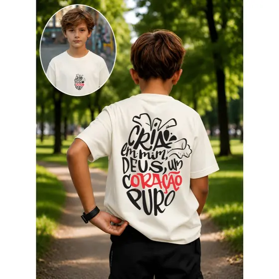 Camiseta Infantil Streetwear Malha 30.1 100% Algodão Juvenil Estilosa Coração Puro Jesus Cristo