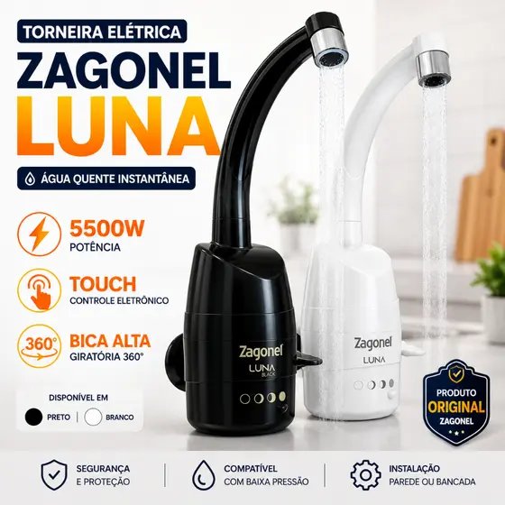 Torneira Elétrica Zagonel Luna Parede 5500W 127V/220V Bica Móvel 360° Água Quente
