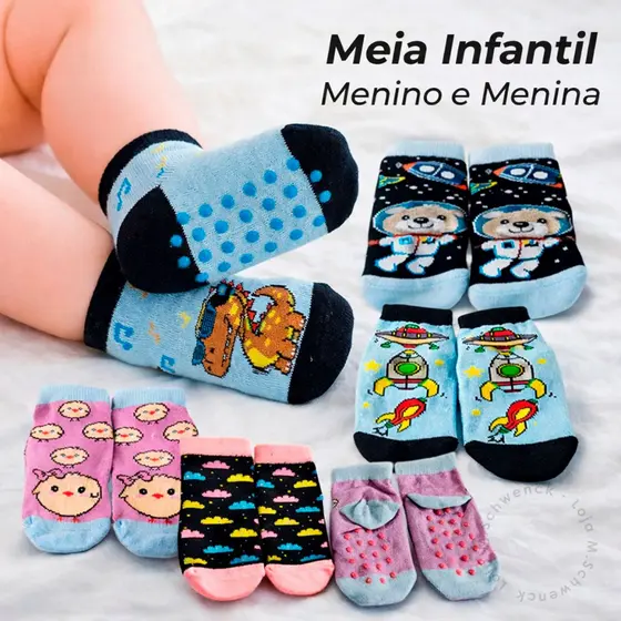 Kit 3 Ou 6 Pares Meia Bebê Antiderrapante Macia Confortável Recém Nascido Infantil Menino Menina