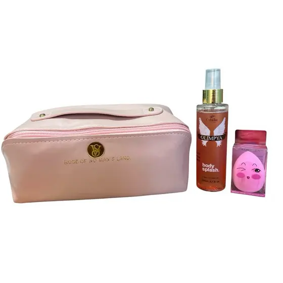 Kit Feminino Necessaire Rosa + Body Splash 150ml + Rimel Belle Angel + Esponja de Maquiagem | Kit Beleza e Autocuidado
