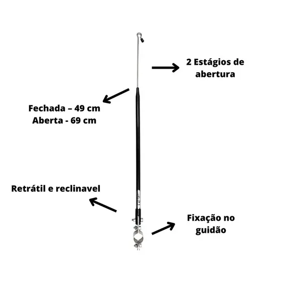 Antena Corta Pipa PRETA Moto 2 Estágios Retrátil e Reclinável fixação no Guidão Abraçadeira e Vareta Aço Inox