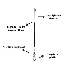 Antena Corta Pipa PRETA Moto 2 Estágios Retrátil e Reclinável fixação no Guidão Abraçadeira e Vareta Aço Inox