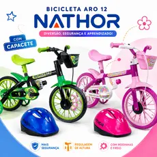 Bicicleta Infantil Nathor Aro 12 com Rodinhas Cestinha e Garrafinha + Capacete Opcional
