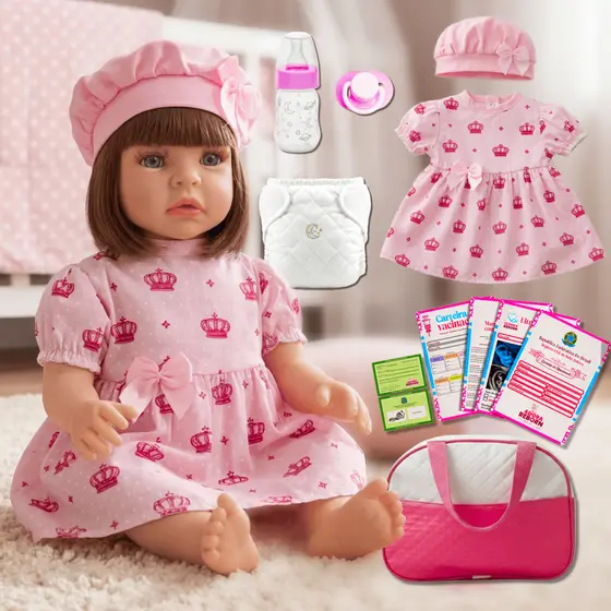 Bebê Reborn Luxo Realista de Silicone Pode Dar Banho Envio Imediato Vestido Rosa