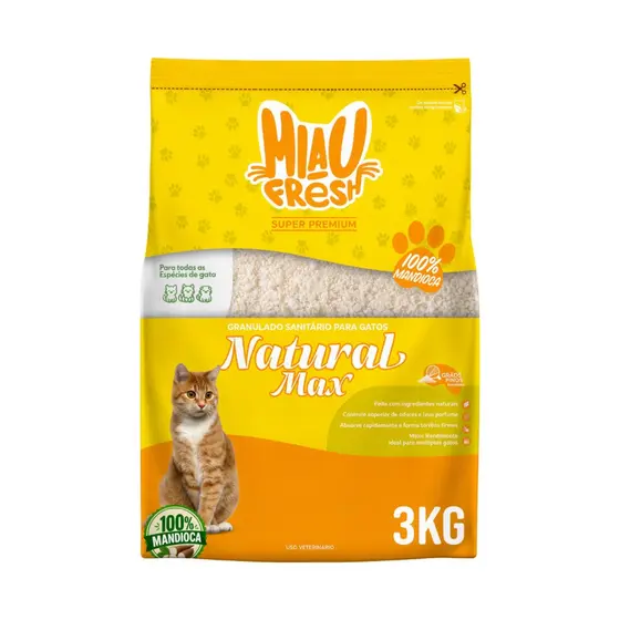Areia Higiênica Biodegradável 3Kg Mandioca P/ Gatos Controle De Odores Torrão