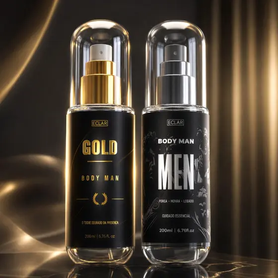 Kit Com 2 Body Splash Masculino Gold + Men 200ml Perfume Corporal Fresco Amadeirado Alta Fixação