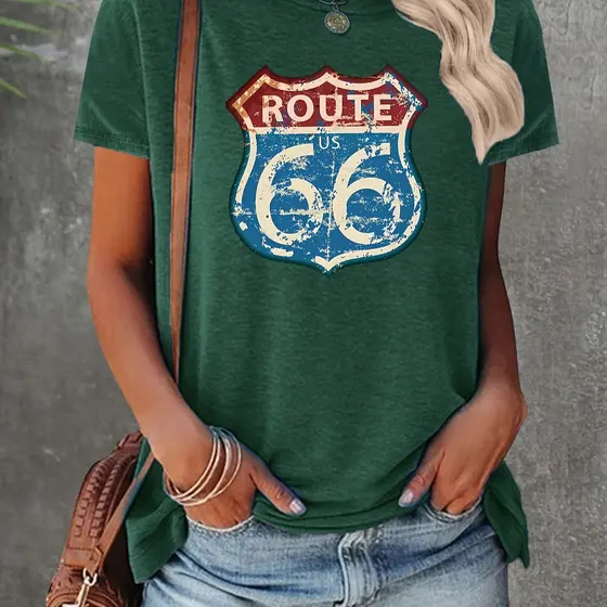 Camiseta 100% ALGODÂO Feminina Vintage Route 66 - Estampa Retrô Desgastada, Manga Curta com Gola Redonda