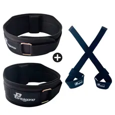 Kit Cinturão Musculação NEW TIGER Tamanho Único Ajustável (Serve do PP ao GG) Cor: Preto + Par Tala Strap Preto