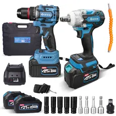 Kit de Chave de Impacto 21V + Furadeira de Impacto Sem Escova 21V com 2 Baterias 25 Acessórios para Construção