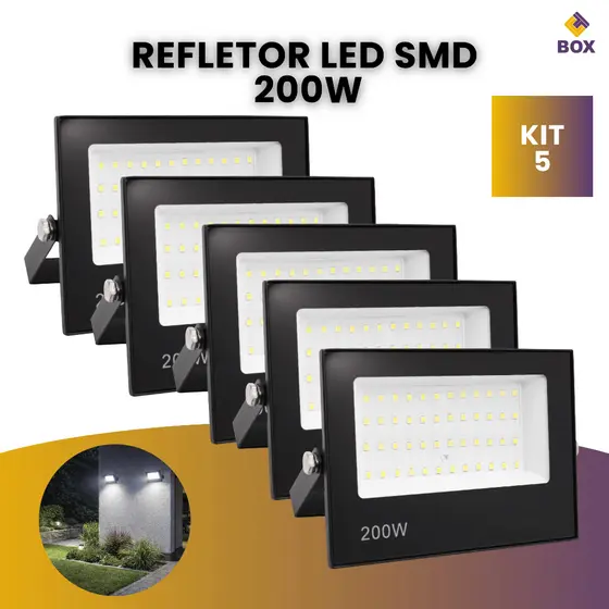 Kit 5 Refletor Ip66 Led Holofote 200w Bivolt Forte Luz Branco Frio