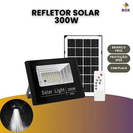 Refletor Solar Led Holofote 300w Placa Bateria Prova D'água Externo Luz Branco