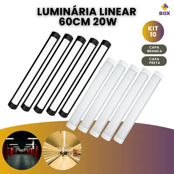 Kit 10 Luminária Tubular Sobrepor Linear Led Preto e Branco 60cm 20w