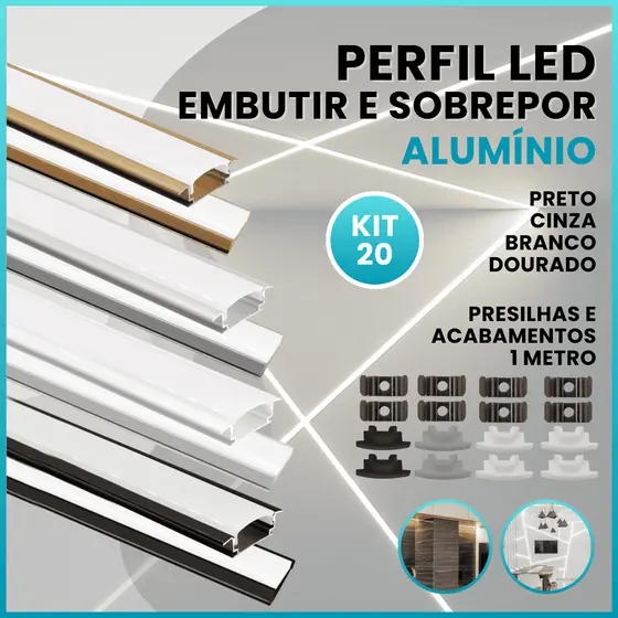 Kit 20 metros Perfil Slim P/ Fita Led Alumínio Sobrepor e Embutir