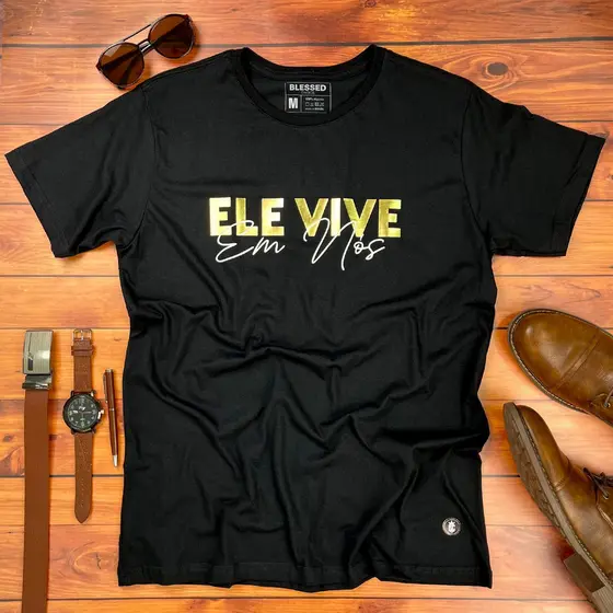 Camiseta Masculina Preta Ele vive Regular Fit em Algodão Premium Gospel Cristã Evangélica