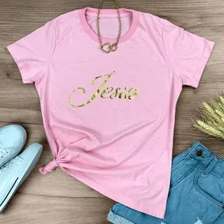Camiseta Feminina Jesus Dourado Gospel Cristã Evangélica Estilo de Fé Algodão Macio e Confortável