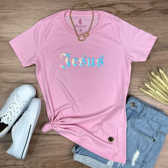 Camiseta Feminina Jesus Rosa Moda Evangélica T-Shirt Baby Look Algodão Premium Gospel Estilo e Fé