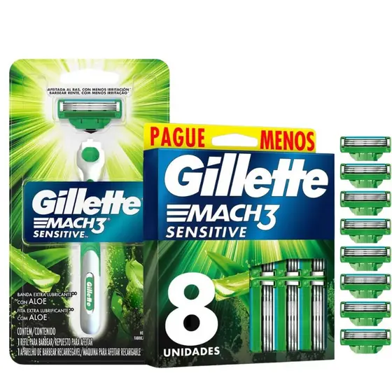 Kit Gillette Mach3 Sensitive Aparelho + 8 Refis Lâminas de Barbear com Aloe Vera