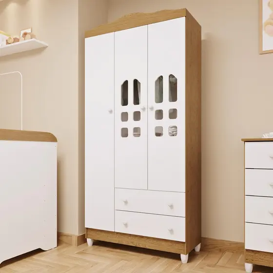 Guarda Roupa Infantil 3 Portas com Gavetas Mirelle Branco Fosco com Bétula Carolina Baby
