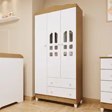 Guarda Roupa Infantil 3 Portas com Gavetas Mirelle Branco Fosco com Bétula Carolina Baby