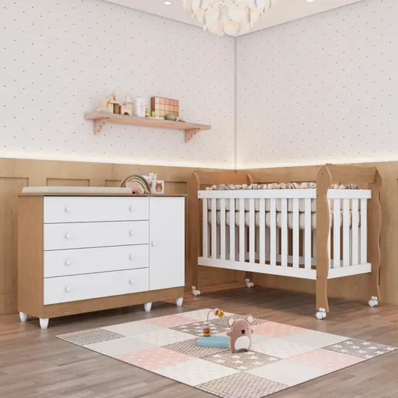 Quarto de Bebê Taís Berço 3 em 1 Lila Cômoda Infantil 4 Gavetas com Porta Amadeirado Carolina Baby