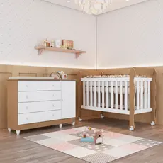 Quarto de Bebê Taís Berço 3 em 1 Lila Cômoda Infantil 4 Gavetas com Porta Amadeirado Carolina Baby