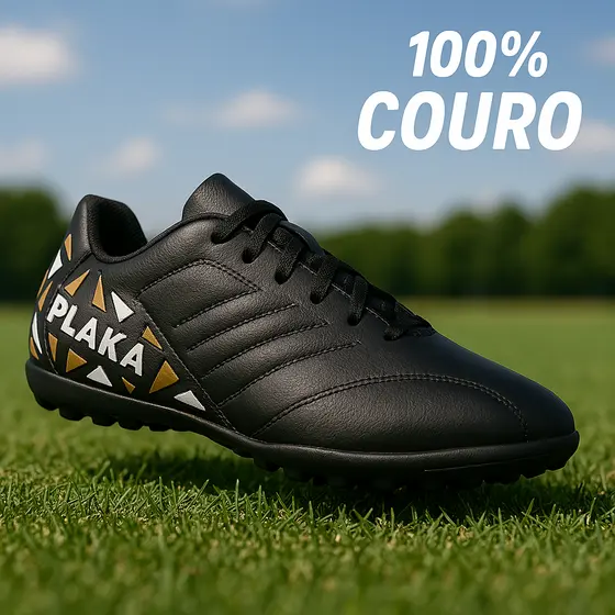 Chuteira Society de Couro Preta/Dourada -Couro de Couro Sport
