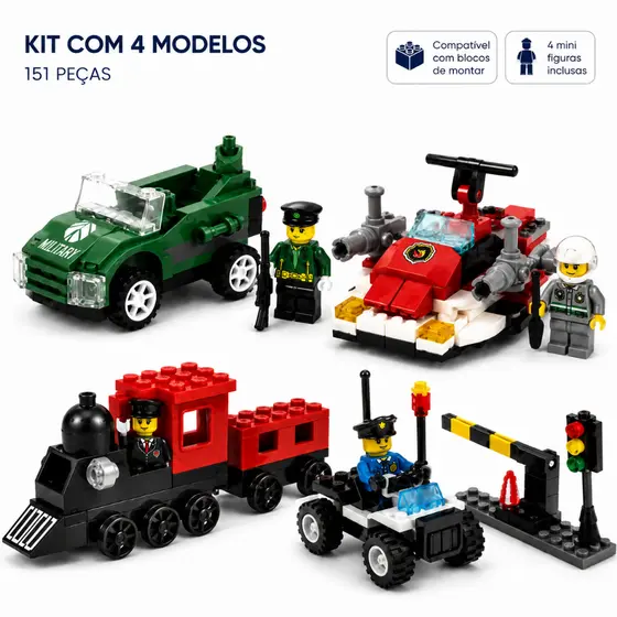 Kit 4 Blocos de Montar Infantil 151 Peças Brinquedo Educativo Trem Jet Ski Polícia Militar
