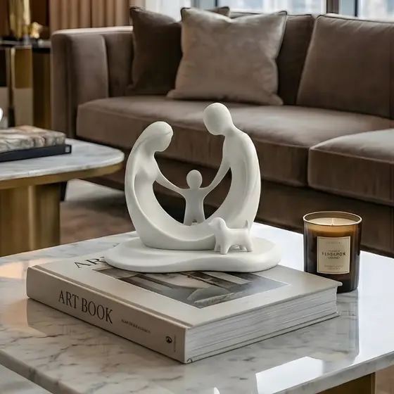 Escultura Decorativa Família Com Filho E Cachorro Minimalista Abstrata Design Moderno Emocional