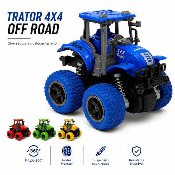 Kit 4 Tratores Infantis 4x4 Off Road Fricção 360° Rodas Monster Com Suspensão Nas 4 Rodas Original