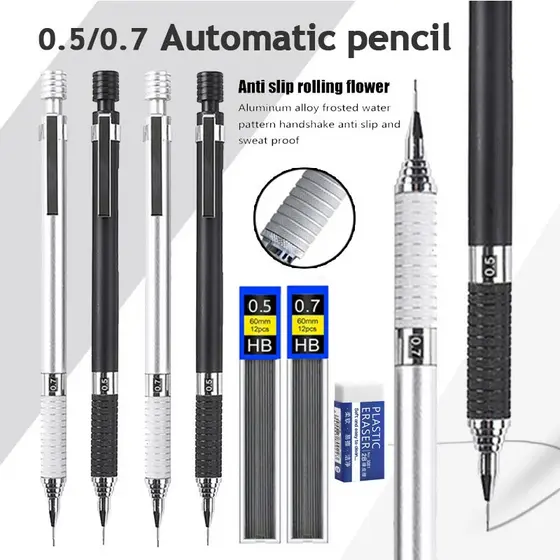 3 Pçs/Set Criativo 0.5/0.7mm Conjunto De Lápis Automático De Metal Com Chumbo De Recarga , Mecânico Esboçar Escola Escri