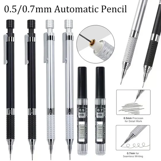 Conjunto De Lápis Automático De Metal Criativo 0.5/0.7mm , 5 Peças Com Chumbo De Recarga , Mecânico , Esboço , Escola ,