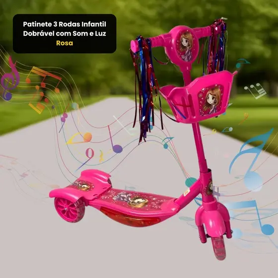 Patinete 3 Rodas Infantil Dobrável com Som e Luz - Rosa - 1 Patinete 3 Rodas Infantil Dobrável com Som e Luz - Rosa - 2