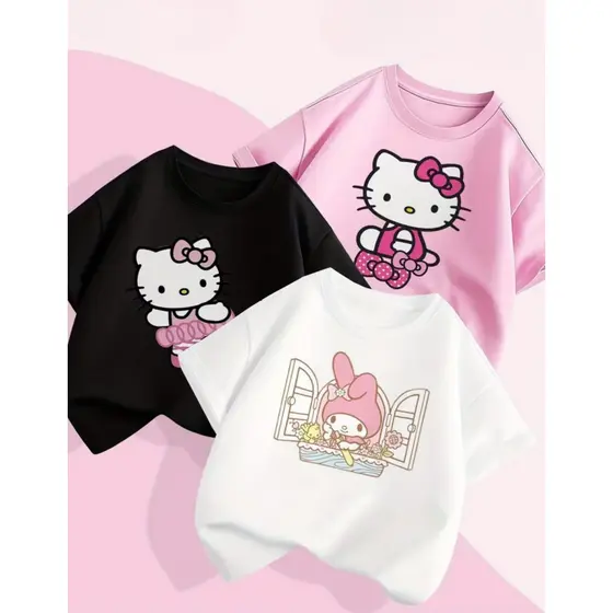 Kit 3 Camiseta Infaitl Hello Cat Algodão Manga Curta Camisa Infantil 100% Algodão