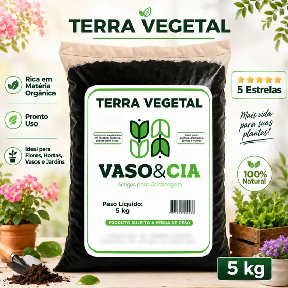 Terra Vegetal Adubada Orgânica 5 kg - Vasos Plantas Jardim - Vaso e Cia