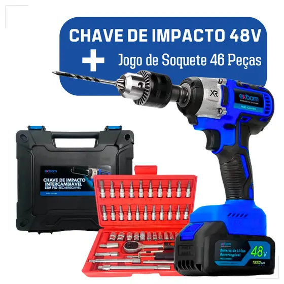 Chave De Impacto 48v Bivolt Recarregável 2000mAh + Chave Catraca 46 Peças Profissional