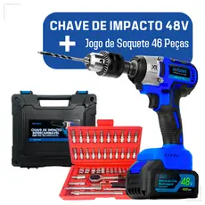 Chave De Impacto 48v Bivolt Recarregável 2000mAh + Chave Catraca 46 Peças Profissional